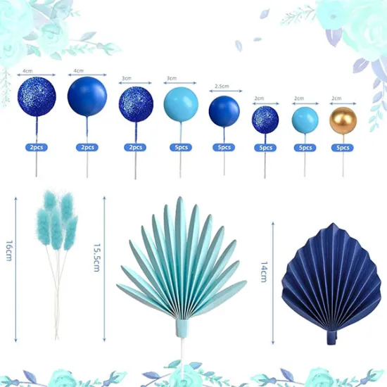 Set decor tort – tematică albastră cu Frunze, Bile și Pene Elegante, 27 piese | Ornament modern pentru torturi aniversare, nuntă și botez