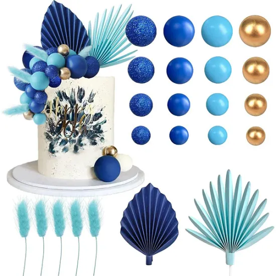 Set decor tort – tematică albastră cu Frunze, Bile și Pene Elegante, 27 piese | Ornament modern pentru torturi aniversare, nuntă și botez