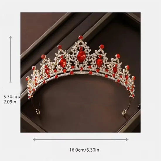 Tiara / coronita aurie din aliaj cu strasuri Rosii - 14.5*5.5 cm
