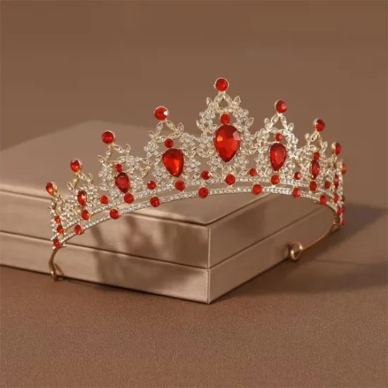 Tiara / coronita aurie din aliaj cu strasuri Rosii - 14.5*5.5 cm