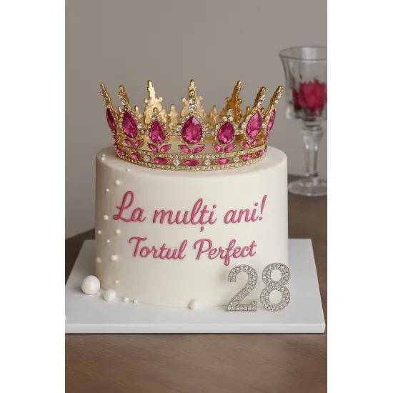 Coronita aurie din aliaj cu strasuri si perle roz 15.5*5.3 cm