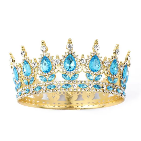 Coronita aurie din aliaj cu strasuri si perle bleo 15.5*5.3 cm