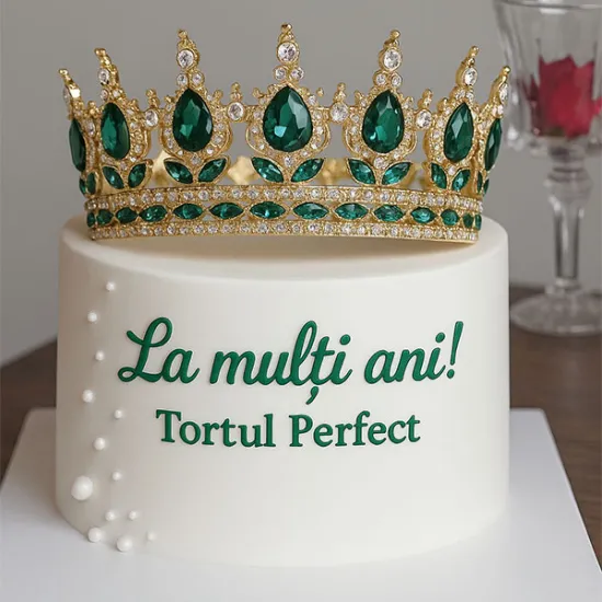 Coronita aurie din aliaj cu strasuri si perle verzi 15.5*5.3 cm