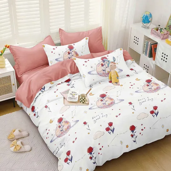 Lenjerie de pat bumbac satinat cu elastic - trandafiri si planete