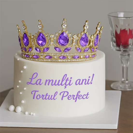 Coronita aurie din aliaj cu strasuri si perle mov 15.5*5.3 cm