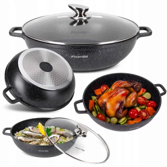 Cratita adanca 5.5L din aluminiu turnat – antiaderent marmorat, capac sticla, inductie