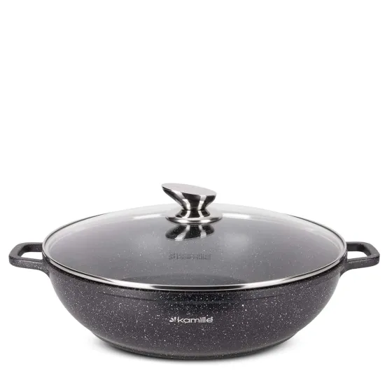 Cratita adanca 5.5L din aluminiu turnat – antiaderent marmorat, capac sticla, inductie