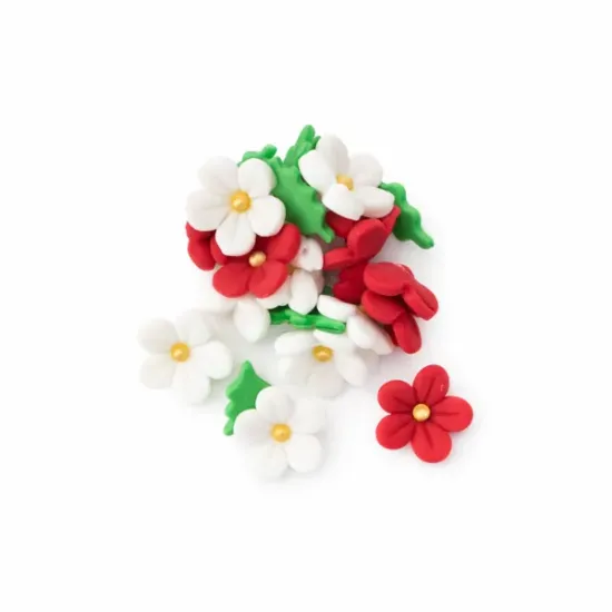 Flori din pastă de zahăr roșii și albe pentru decor tort – set 20 buc