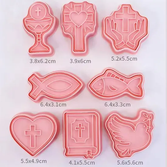 Set forme decupatoare biscuiți religioase – cruce, pește, porumbel, biblie – 8 modele, dimensiuni variate