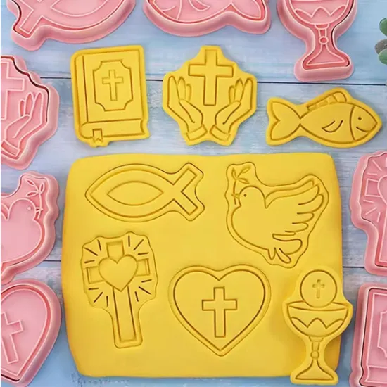 Set forme decupatoare biscuiți religioase – cruce, pește, porumbel, biblie – 8 modele, dimensiuni variate