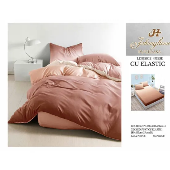 Lenjerie de pat din bumbac satinat cu elastic - bicolor crem, maro