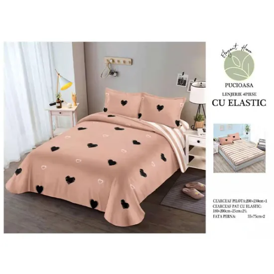 Lenjerie de pat din bumbac satinat cu elastic - inimi Crem