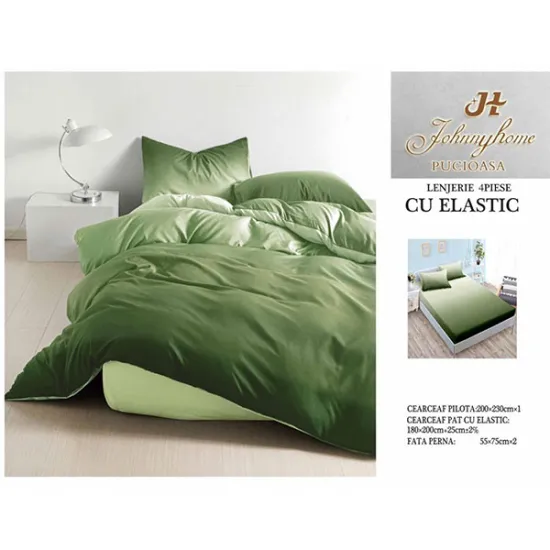 Lenjerie de pat din bumbac satinat cu elastic - bicolor Verde praz