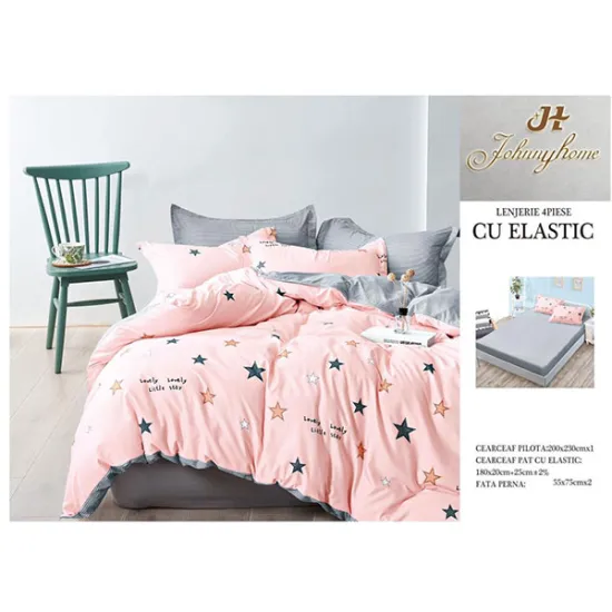 Lenjerie de pat din bumbac satinat cu elastic - Roz cu stelute