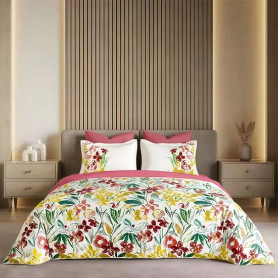 Lenjerie de pat din finet Iimprimat digital cu elastic - roz cu flori colorate