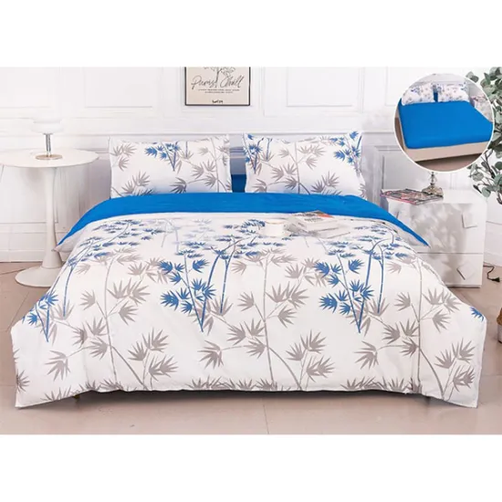 Lenjerie de pat din bumbac satinat cu elastic - Alb cu frunze albastre si gri