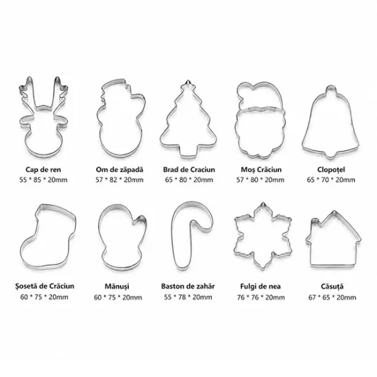 Set 10 decupatoare biscuiți Crăciun din inox + 10 șabloane decor