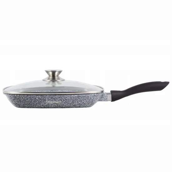 Tigaie grill pătrata 28x28 cm – granit antiaderent, capac sticla, inductie