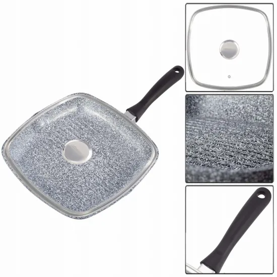 Tigaie grill pătrata 28x28 cm – granit antiaderent, capac sticla, inductie