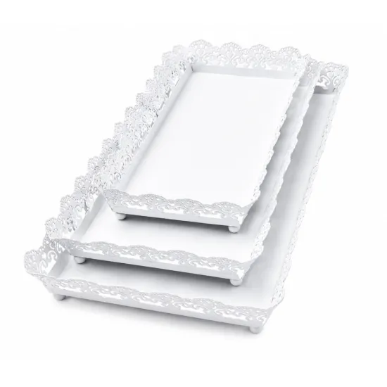 Set de 3 platouri din metal alb dantelate