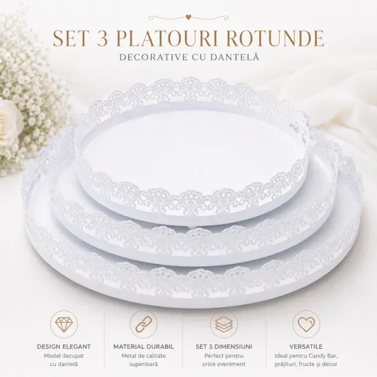Platou din metal alb rotund dantelat, set 3 buc CQ