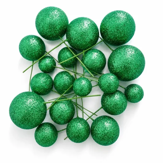 Set 20 sfere din spuma pentru decor tort, Verde stralucitor (sclipici)
