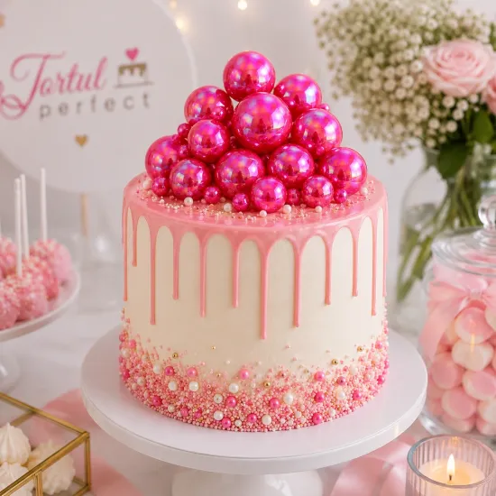 Set 12 bile decorative roz pentru tort – mini cake topper | Accesorii elegante pentru nuntă, botez, aniversare