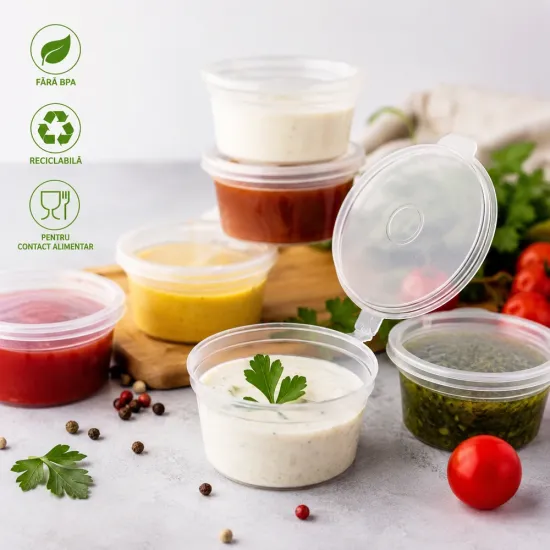 Set 50 bucăți - sosieră 30 ml cu capac PP transparentă fără BPA, reciclabilă