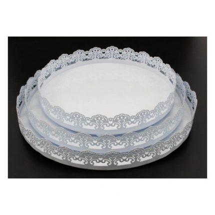 Platou din metal alb rotund dantelat, set 3 buc